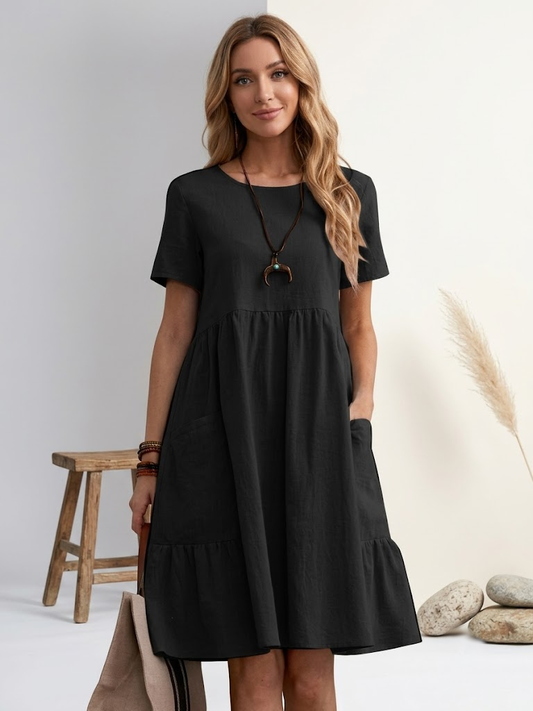 Women's Casual Cotton-Linen Pleated Midi Dress