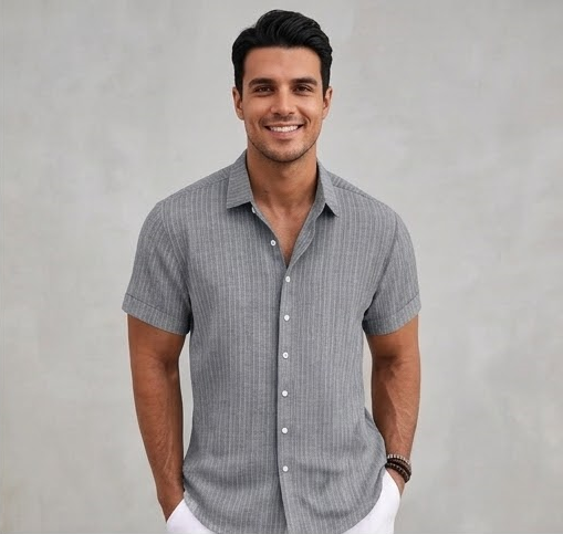 Men's Casual Cotton Linen Short Sleeve Shirt - Loose & Breathable Jacquard Casual Top