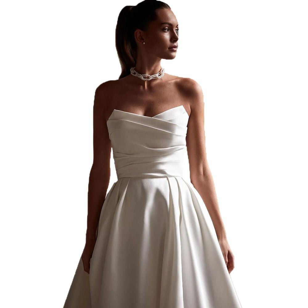 French cross-border satin strapless wedding dress, new high-end trailing travel shoot, vintage foreign trade Amazon evening gown, elegant style
