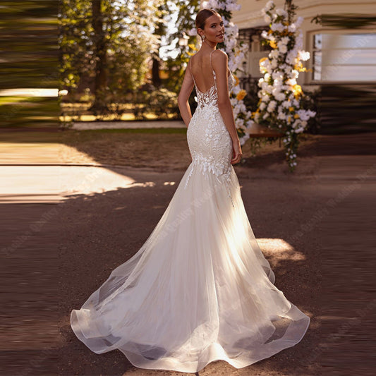 Elegant Lace Applique Mermaid Wedding Dress with V-Neck & Sheer Details