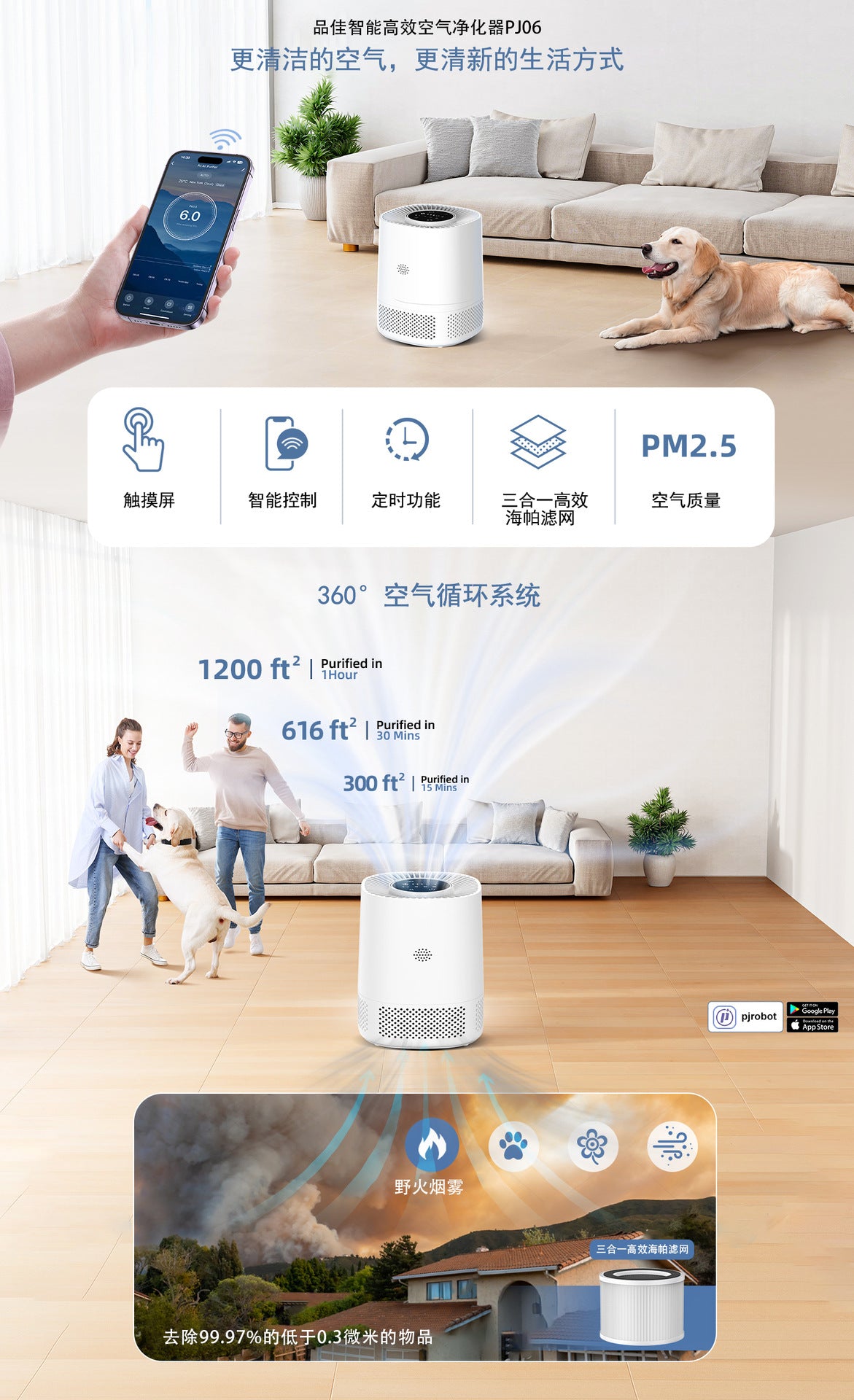 PJ07 Smart WiFi Air Purifier - Negative Ion, Removes Formaldehyde, PM2.5 & Odors | APP Control