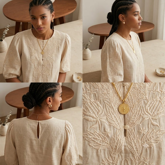 Floral Embroidered Cotton Blouse - Elegant Crewneck Half Sleeve Pullover Top