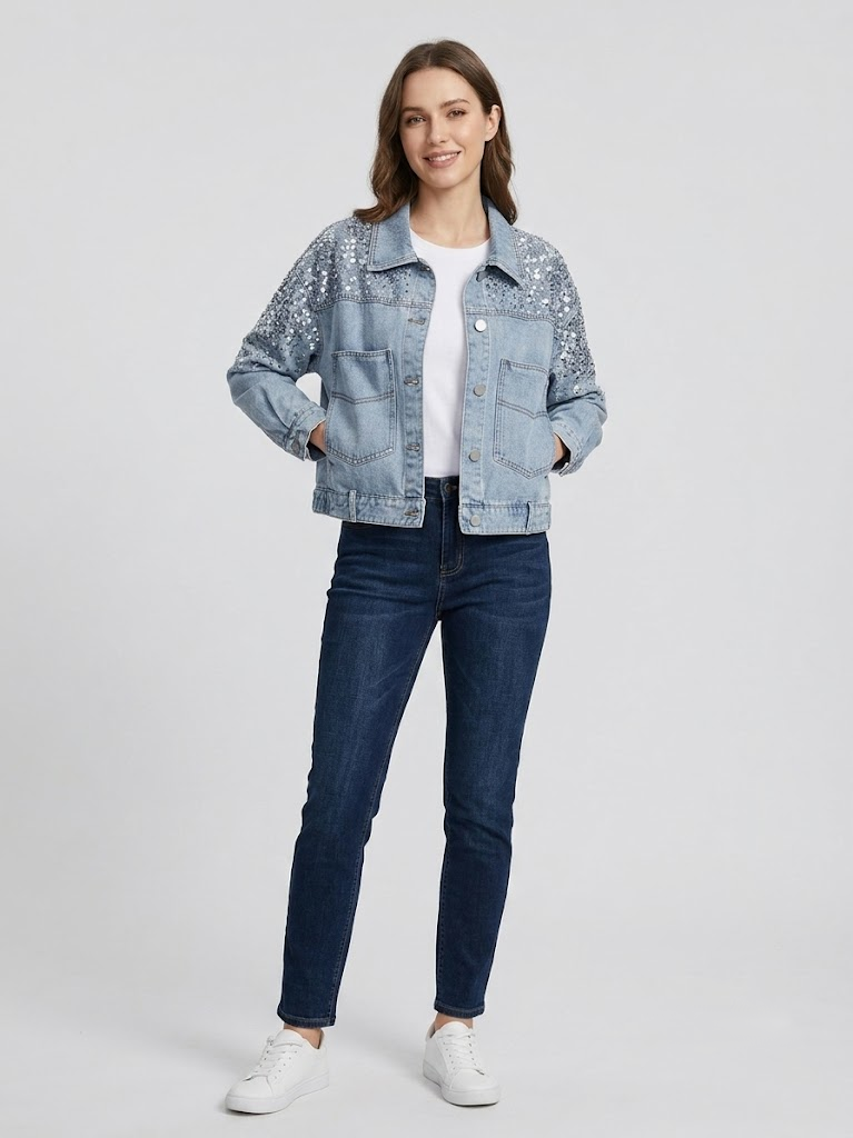 Light Blue Flying Sleeve Sequin Denim Jacket