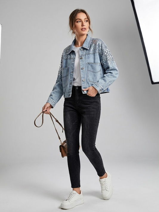 Light Blue Flying Sleeve Sequin Denim Jacket