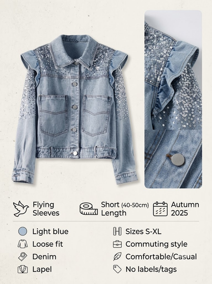 Light Blue Flying Sleeve Sequin Denim Jacket
