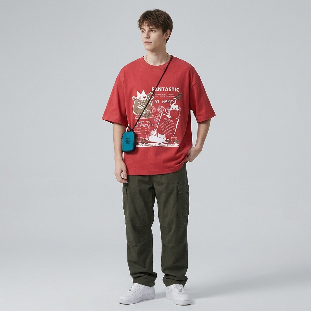 Gen Z American Streetwear Oversized Cat Graphic T-Shirt