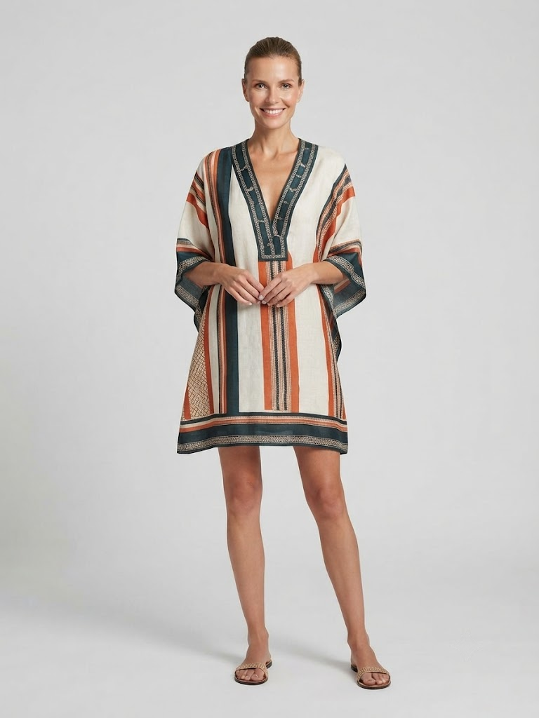 Floral Print V-Neck Boho Umbrella Dress Loose Fit Nine-Quarter Sleeve Casual Wear