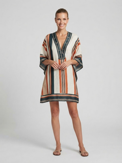 Floral Print V-Neck Boho Umbrella Dress Loose Fit Nine-Quarter Sleeve Casual Wear