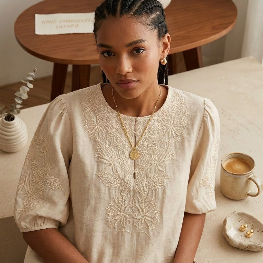 Floral Embroidered Cotton Blouse - Elegant Crewneck Half Sleeve Pullover Top