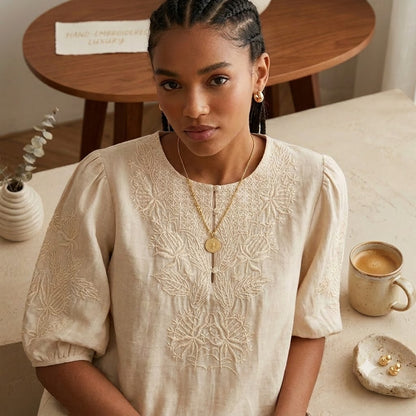 Floral Embroidered Cotton Blouse - Elegant Crewneck Half Sleeve Pullover Top