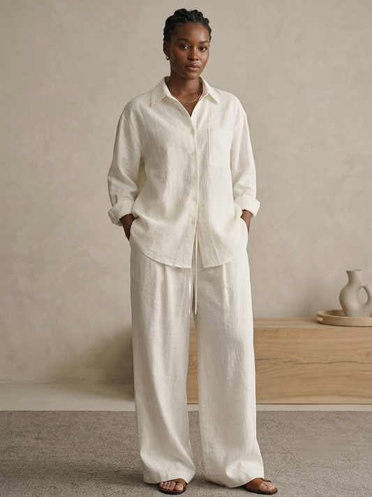 The Classic Linen Co-Ord Set: Relaxed Button-Down Shirt & Wide-Leg Trousers