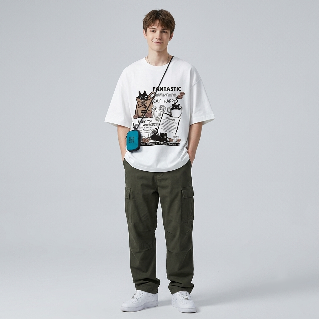 Gen Z American Streetwear Oversized Cat Graphic T-Shirt