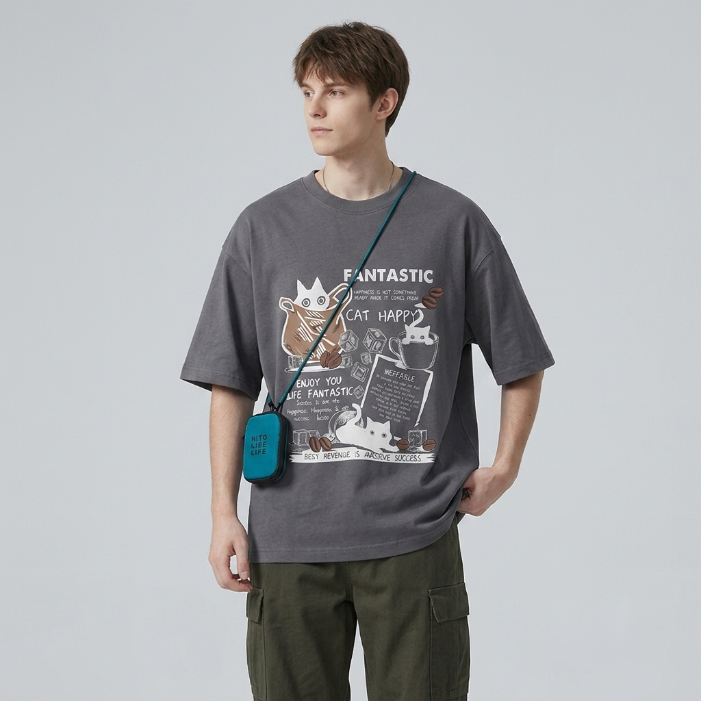 Gen Z American Streetwear Oversized Cat Graphic T-Shirt