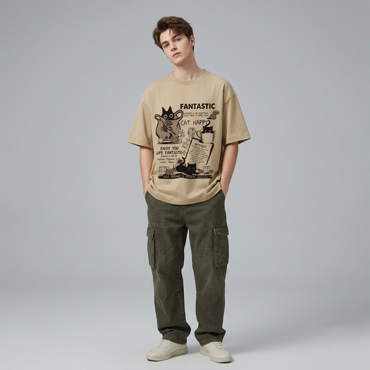 Gen Z American Streetwear Oversized Cat Graphic T-Shirt