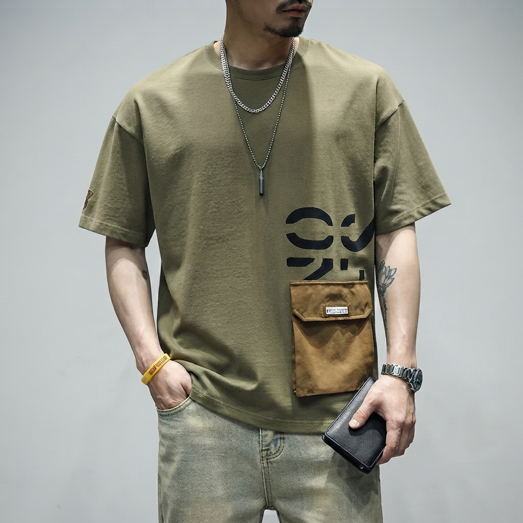 Oversized Heavyweight Cotton Men's Utility Pocket T-Shirt