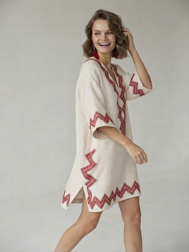 Floral Print V-Neck Boho Umbrella Dress Loose Fit Nine-Quarter Sleeve Casual Wear