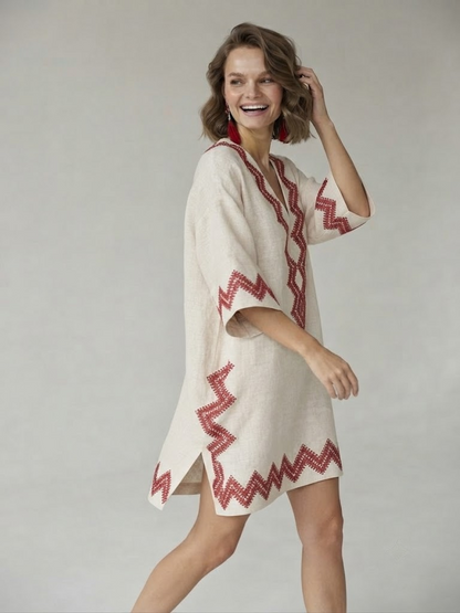Floral Print V-Neck Boho Umbrella Dress Loose Fit Nine-Quarter Sleeve Casual Wear