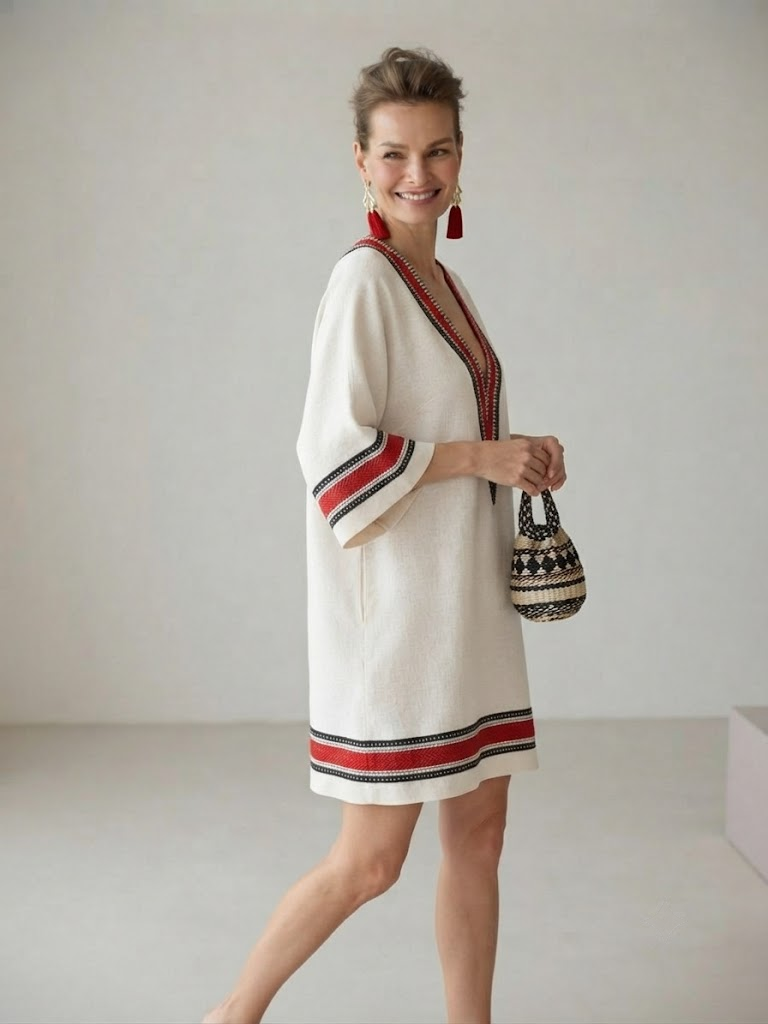 Floral Print V-Neck Boho Umbrella Dress Loose Fit Nine-Quarter Sleeve Casual Wear