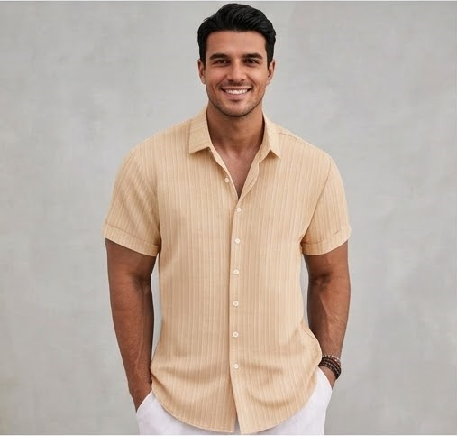 Men's Casual Cotton Linen Short Sleeve Shirt - Loose & Breathable Jacquard Casual Top