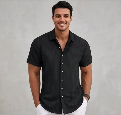 Men's Casual Cotton Linen Short Sleeve Shirt - Loose & Breathable Jacquard Casual Top