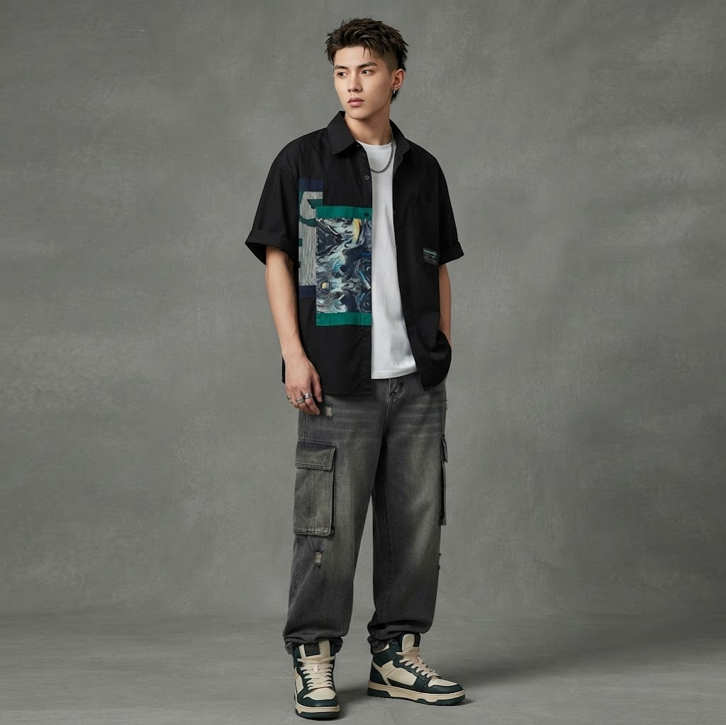Men’s Abstract Patchwork Short Sleeve Casual Shirt