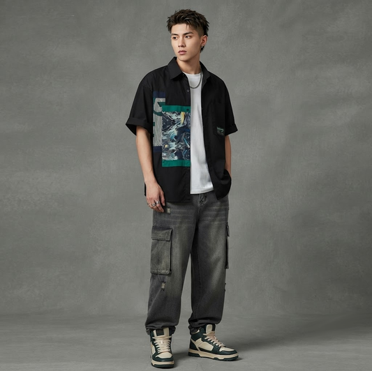 Men’s Abstract Patchwork Short Sleeve Casual Shirt