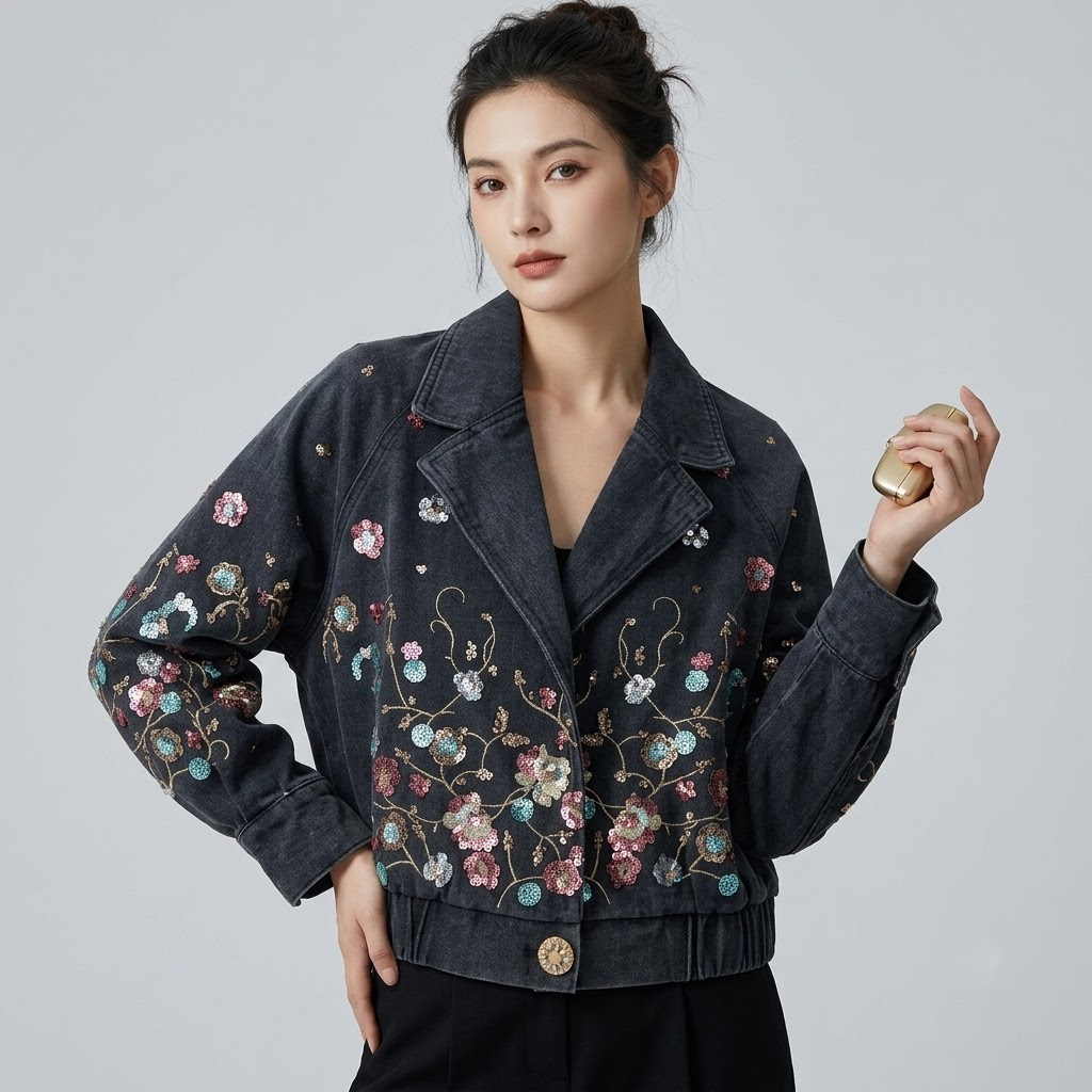 Retro Floral Sequin Denim Jacket