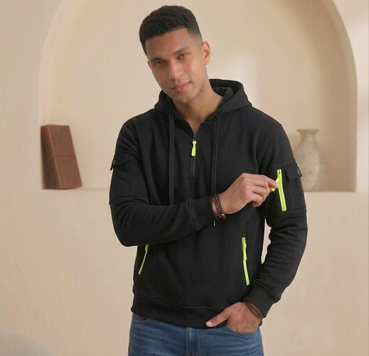 Men's Multi-Pocket Athleisure Hoodie  Fleece-Lined Loose Pullover Jacket