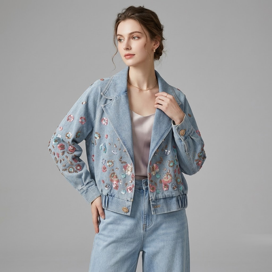 Retro Floral Sequin Denim Jacket