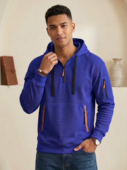 Men's Multi-Pocket Athleisure Hoodie  Fleece-Lined Loose Pullover Jacket