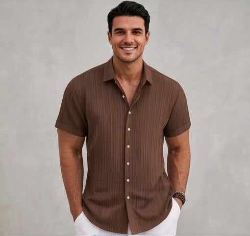 Men's Casual Cotton Linen Short Sleeve Shirt - Loose & Breathable Jacquard Casual Top