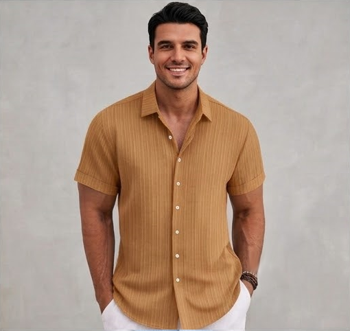 Men's Casual Cotton Linen Short Sleeve Shirt - Loose & Breathable Jacquard Casual Top