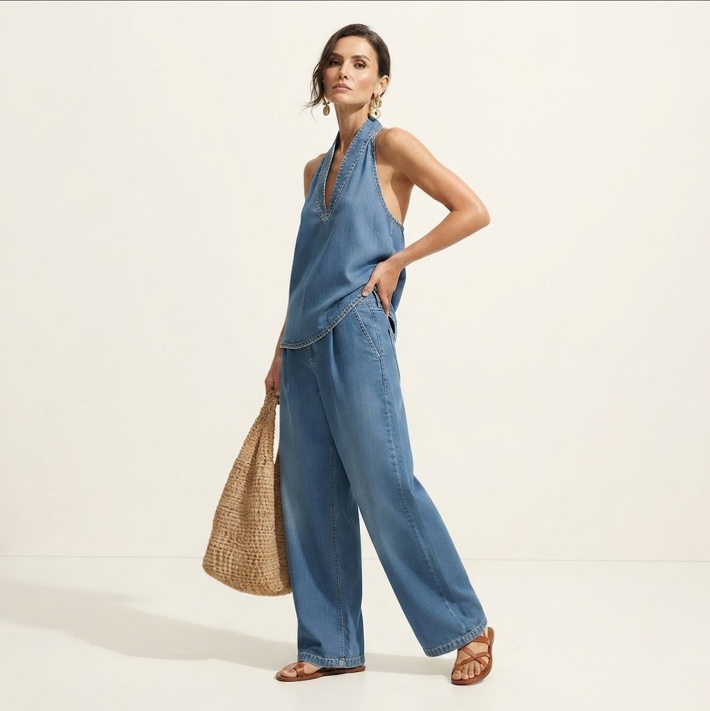Retro Buttoned Denim Top with Wide-Legged Jeans