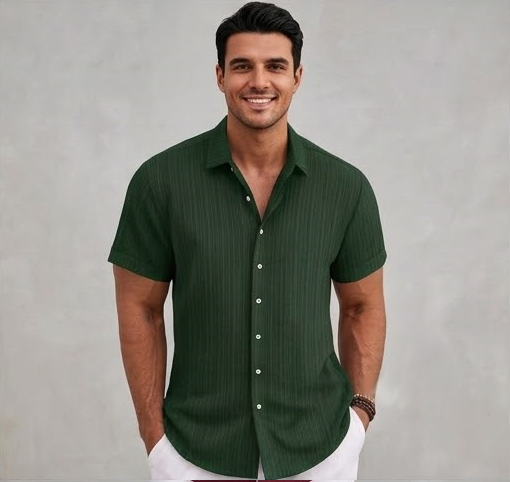 Men's Casual Cotton Linen Short Sleeve Shirt - Loose & Breathable Jacquard Casual Top