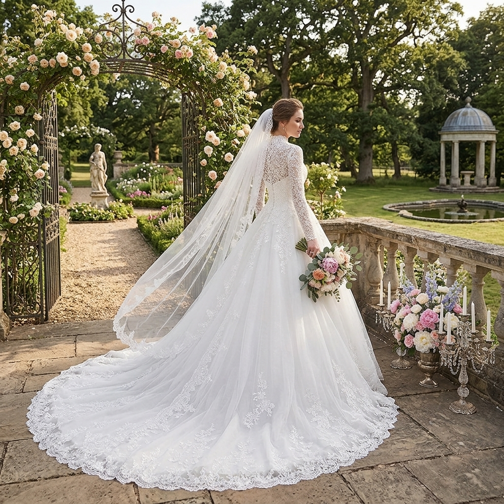 Elegance Illusion Mesh High-Waist Wedding Gown