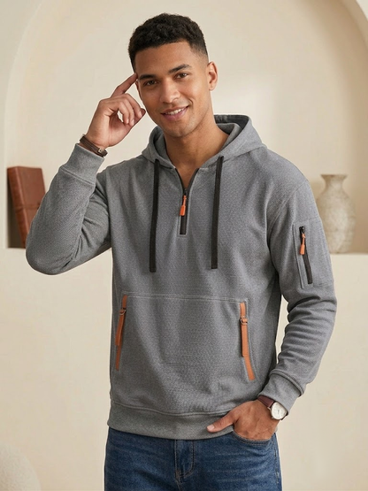 Men's Multi-Pocket Athleisure Hoodie  Fleece-Lined Loose Pullover Jacket
