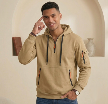 Men's Multi-Pocket Athleisure Hoodie  Fleece-Lined Loose Pullover Jacket