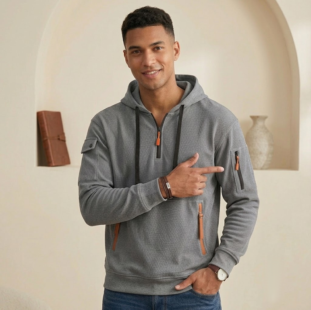 Men's Multi-Pocket Athleisure Hoodie  Fleece-Lined Loose Pullover Jacket