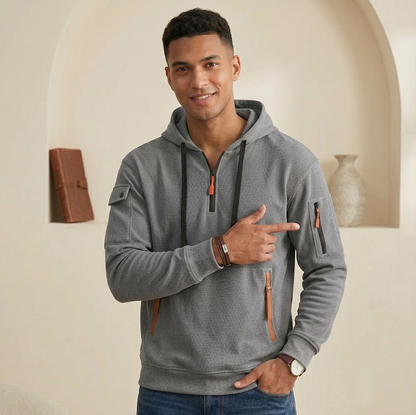 Men's Multi-Pocket Athleisure Hoodie  Fleece-Lined Loose Pullover Jacket