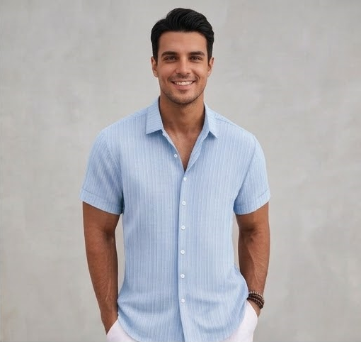 Men's Casual Cotton Linen Short Sleeve Shirt - Loose & Breathable Jacquard Casual Top