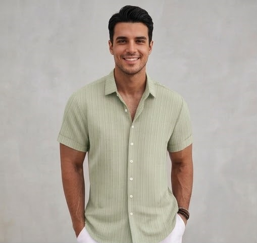Men's Casual Cotton Linen Short Sleeve Shirt - Loose & Breathable Jacquard Casual Top
