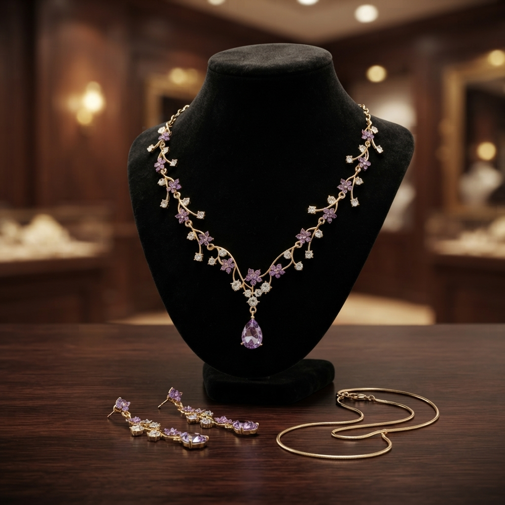Luxury Fashion Floral Synthetic Crystal Drop Necklace & Earrings Set - Multi-Color Options