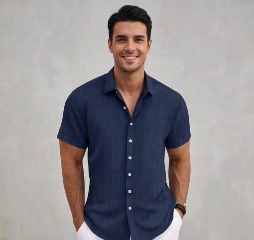 Men's Casual Cotton Linen Short Sleeve Shirt - Loose & Breathable Jacquard Casual Top