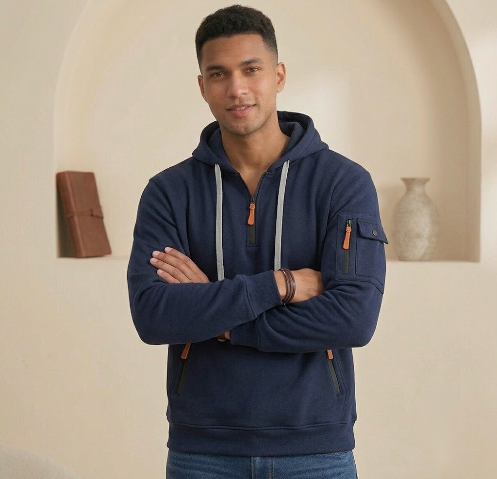 Men's Multi-Pocket Athleisure Hoodie  Fleece-Lined Loose Pullover Jacket