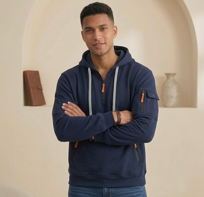Men's Multi-Pocket Athleisure Hoodie  Fleece-Lined Loose Pullover Jacket