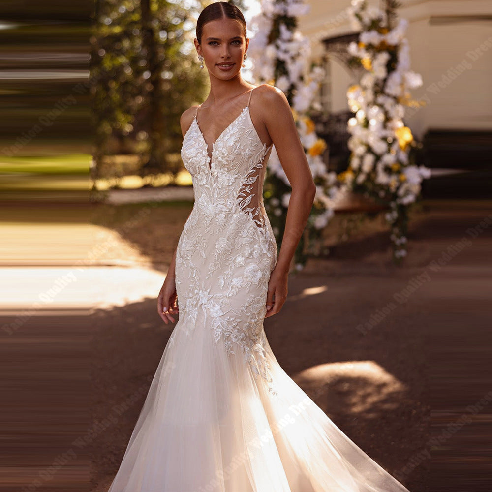 Elegant Lace Applique Mermaid Wedding Dress with V-Neck & Sheer Details
