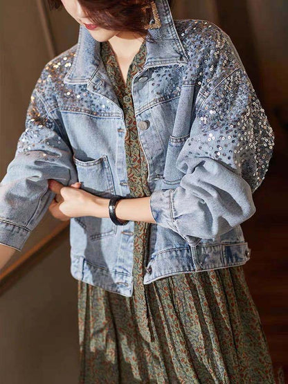 Foreign Trade Southeast Asia Spring/Summer New Fashion Sequin Denim Jacket for Women, Europe Station Short Loose Jacket Top Trendy