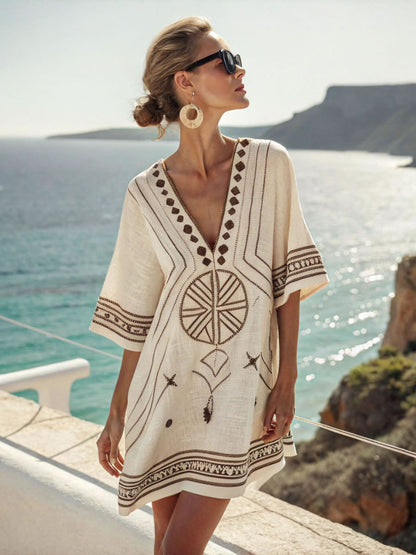 Floral Print V-Neck Boho Umbrella Dress Loose Fit Nine-Quarter Sleeve Casual Wear