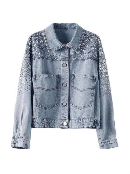 Foreign Trade Southeast Asia Spring/Summer New Fashion Sequin Denim Jacket for Women, Europe Station Short Loose Jacket Top Trendy
