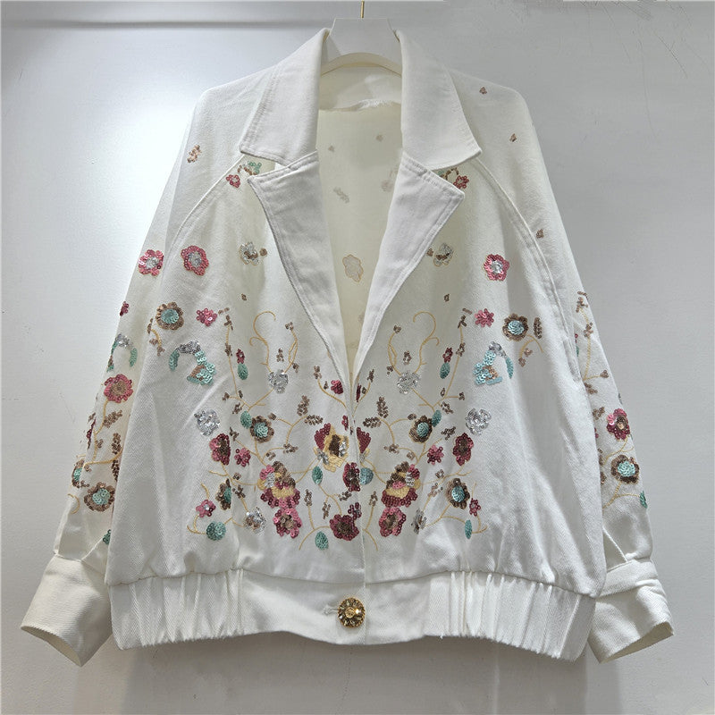Retro Floral Sequin Denim Jacket